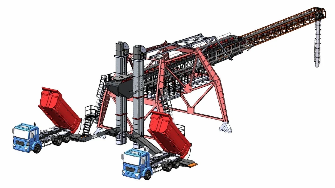 3D model of a portal shiploader supplied by two trucks